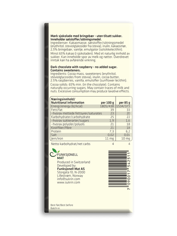 Sukrin Dark Chocolate Raspberry, 85 g